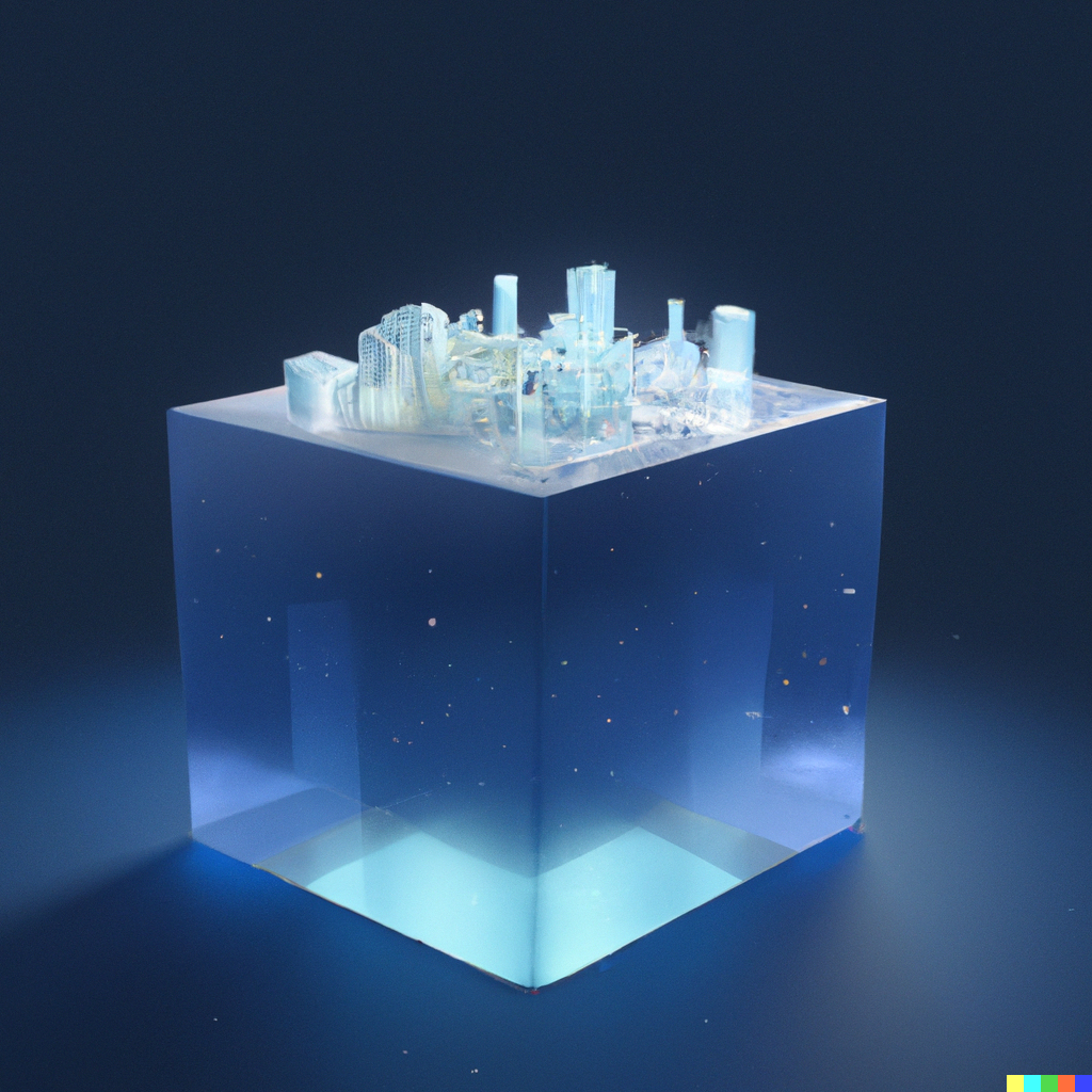 DALL·E 2023-01-26 16.55.55 – glowing city in glass cube, 3d render, dark blue background Fragment miasta - grafika dekoracyjna
